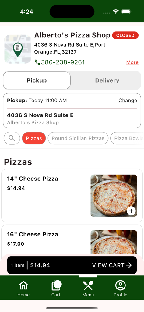 Alberto's Pizza Shop mobile app menu showing 14 inch and 16 inch cheese pizza options.
