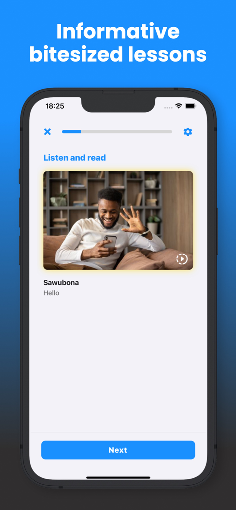 Angula - African languages - Angula app interface showing a bite sized African language lesson for the word Sawubona