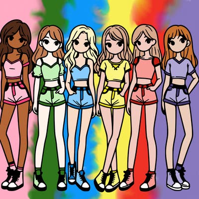 a group of girls wearing crop tops and shorts