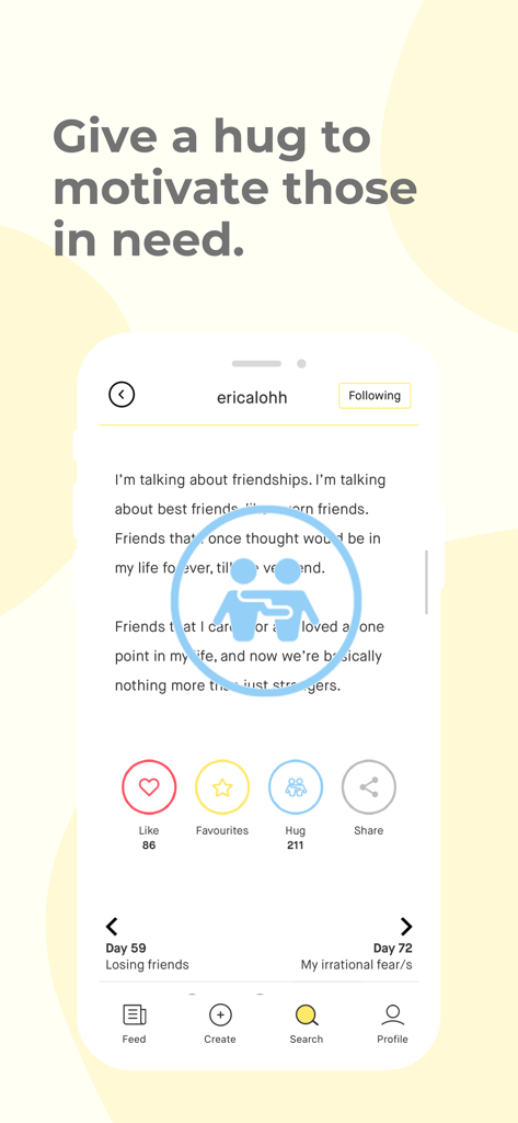 Dayre - A screenshot of the Dayre app interface showing a blog entry with the community hug interaction feature for supporting other users.