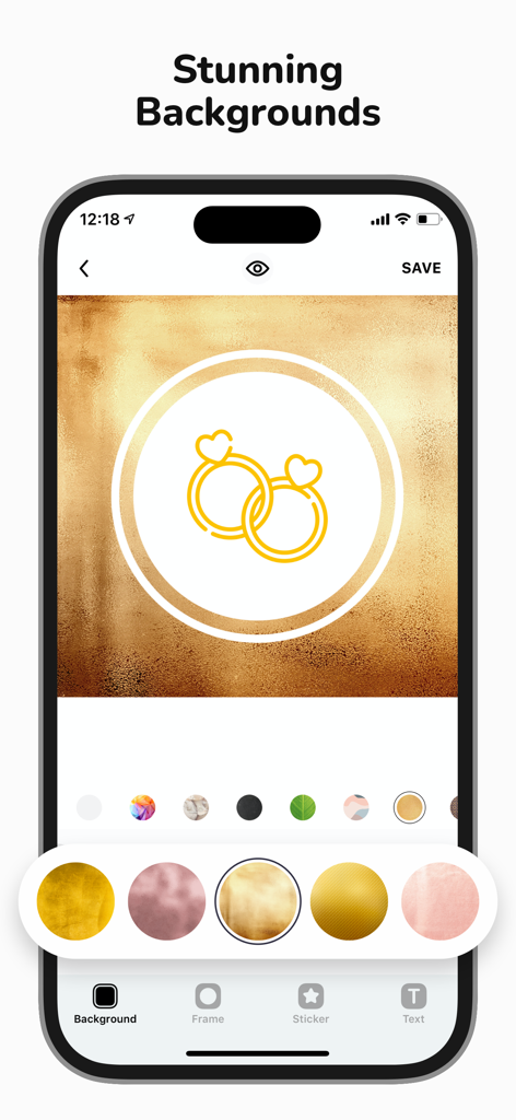 Highlight Cover: StoryLight - A smartphone screen showing the Highlight Cover StoryLight app interface for customizing an Instagram highlight cover with a gold textured background and a wedding rings icon.