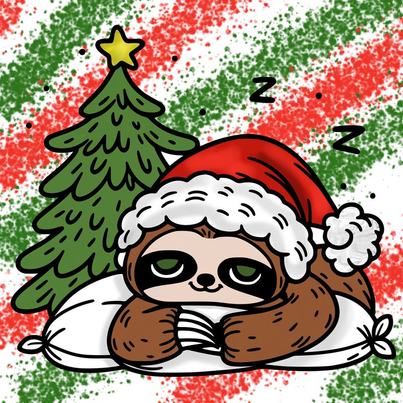 a cute sloth sleeping with a christmas tree in the background