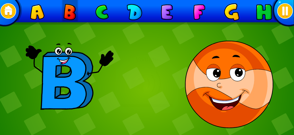 Cartoon letter B with arms and a face next to a smiling orange ball character