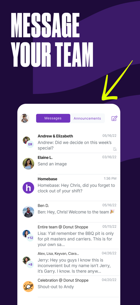 Homebase: Team Management - Mobile app screen showing the team messaging and announcements feature of the Homebase app.