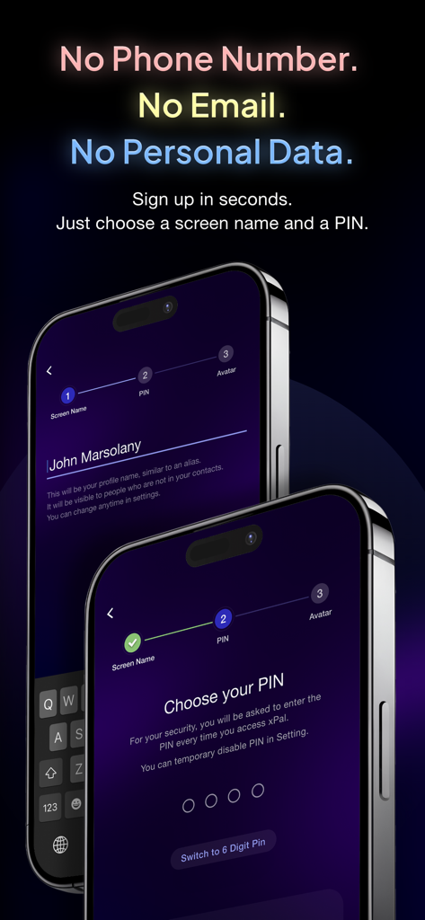 xPal Ultra Secure Messenger - Secure sign up on xPal messenger highlighting anonymity with no phone number or email needed