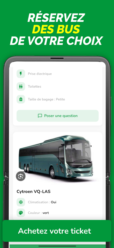 RMobility Afrique - RMobility Afrique App-Oberfläche zur Auswahl und Buchung von Bussen mit Annehmlichkeiten wie Klimaanlage und Steckdosen