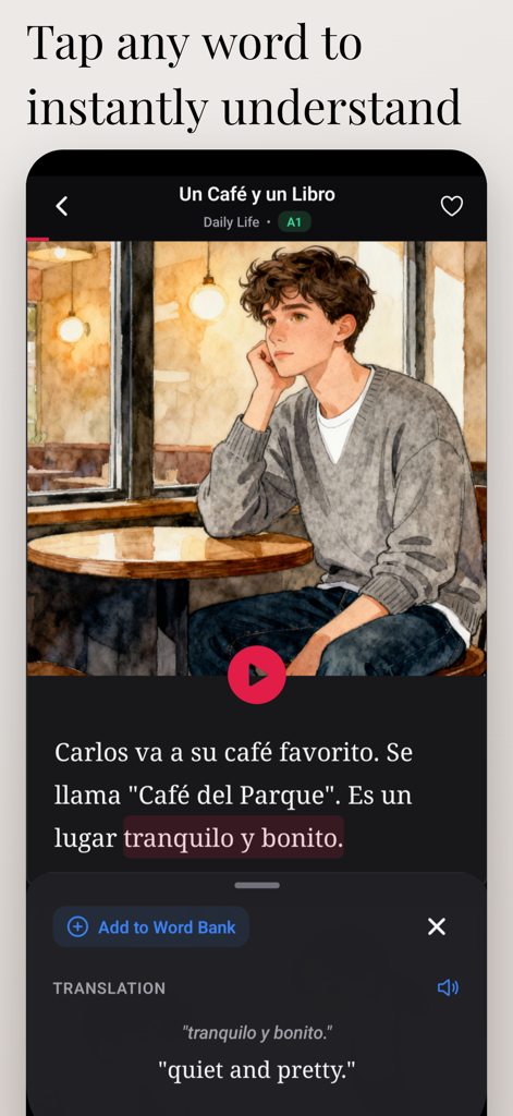 Inklingo: Spanish Stories - Interface do aplicativo Inklingo mostrando uma história ilustrada em espanhol com um pop-up de tradução instantânea para uma frase