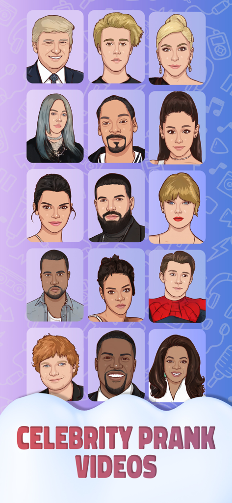 Celeb Pranks: AI Voice Changer - Cartoon portraits of famous celebrities for AI voice prank videos