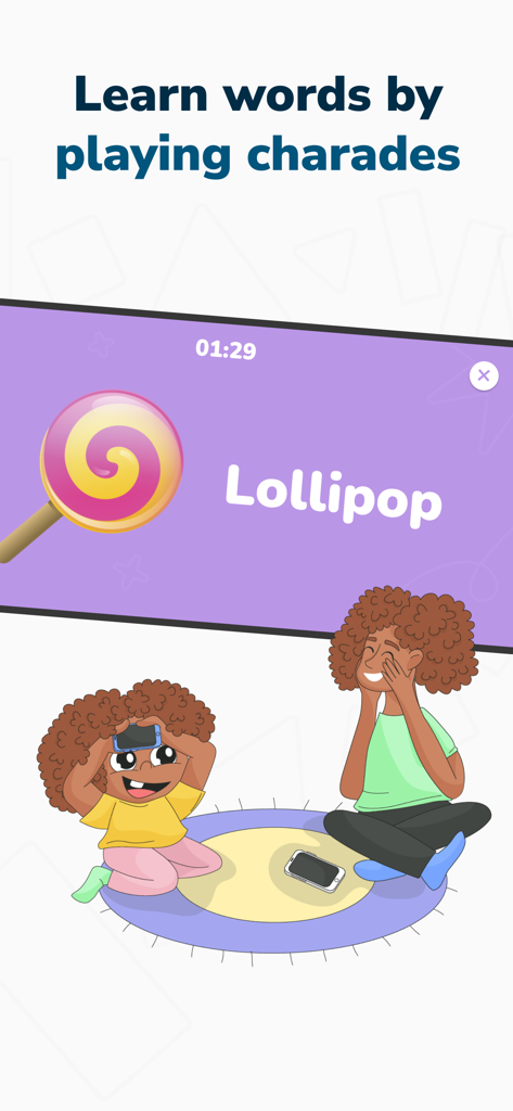 Hearty App: Everyday Bonding - Parent and child playing an educational charades game to learn words