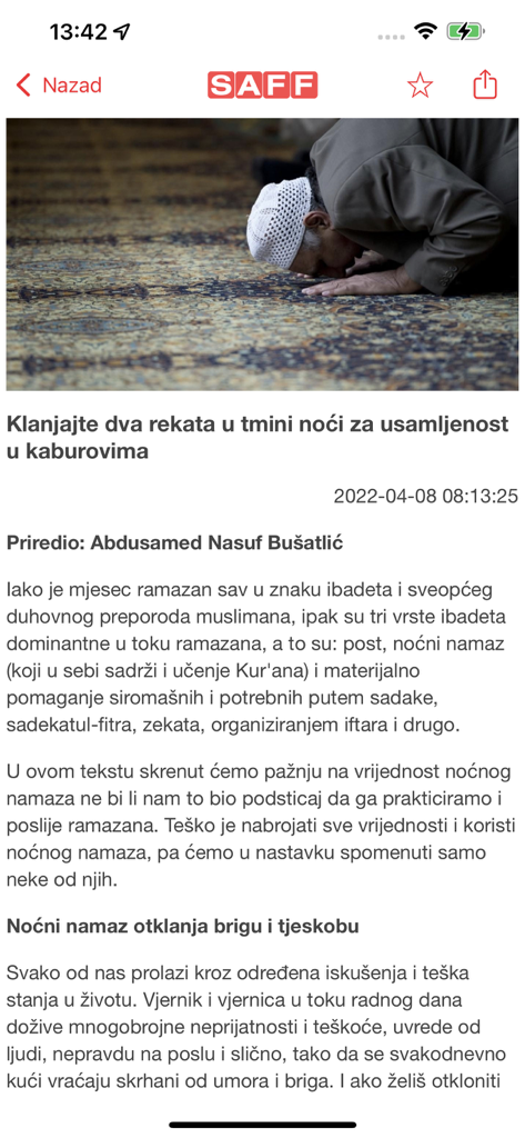 Saff.ba - A screenshot of an Islamic religious article on the Saff.ba news app.