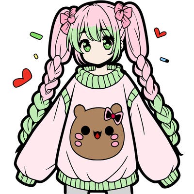 anime girl with two big braids in front and one big braid in the back and in an really oversized sweater with dango on it