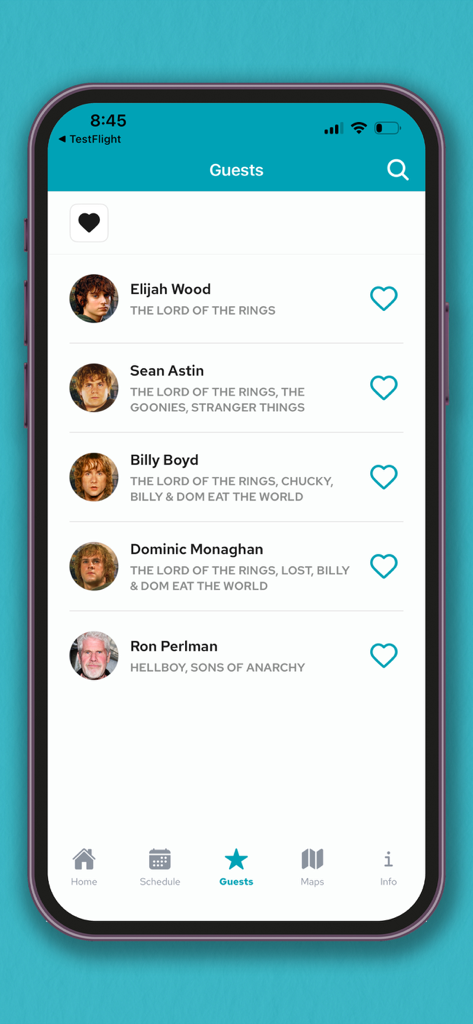 Una pantalla de aplicación móvil que muestra una lista de invitados famosos para FAN EXPO Vancouver con nombres como Elijah Wood y Sean Astin.