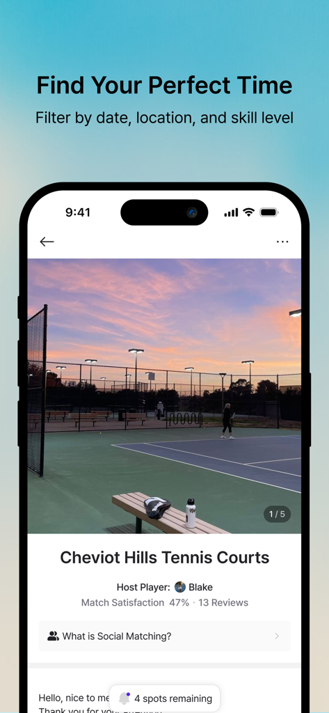 SMAXH : Find Tennis Players - SMAXH app screen showing tennis match details for Cheviot Hills Tennis Courts in Los Angeles