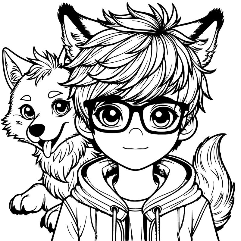 realistic boy with a wolf cut and horns and tail and glasses.