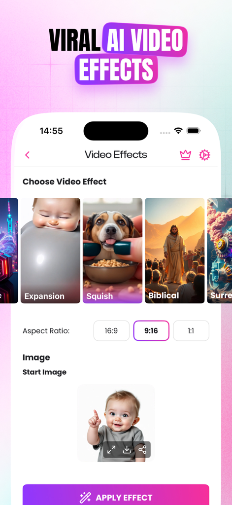 AIVidly - AI Video Maker - Die AIVidly App-Oberfläche zeigt KI-Videoeffekte wie Expansion und Squish zum Erstellen viraler Social-Media-Inhalte.