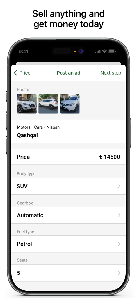 Mobile Bildschirm der Bazaraki App, der eine Seite zur Erstellung von Autowerbung mit Fahrzeugdetails und Preis zeigt