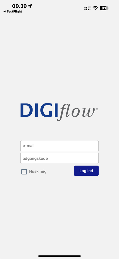 Login screen of the Digiflow finance app with email and password fields