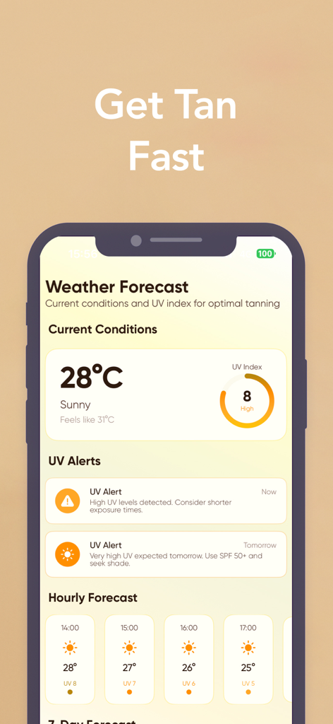 Palm Beach Tan Sunshade app weather forecast screen showing UV index and alerts