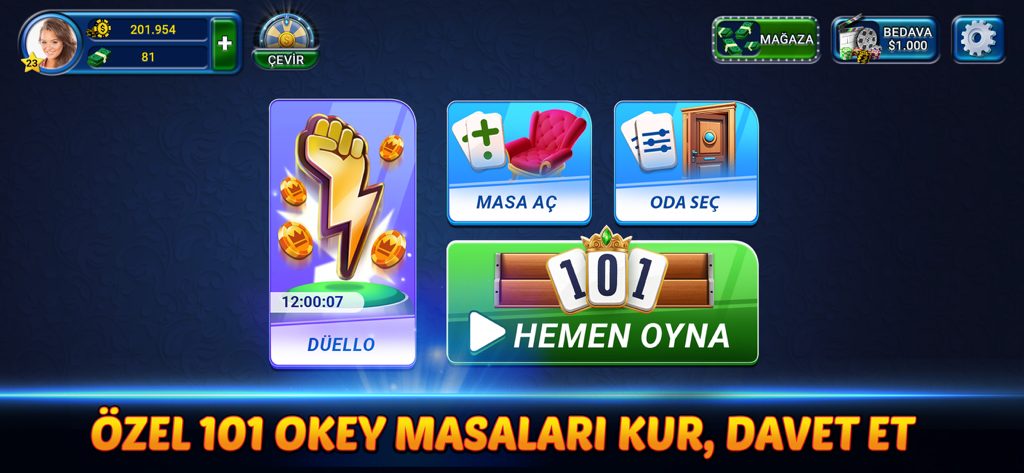 101 Okey Club - Yüzbir Okey - Main menu interface of the 101 Okey Club app showing game modes including Duel and Play Now