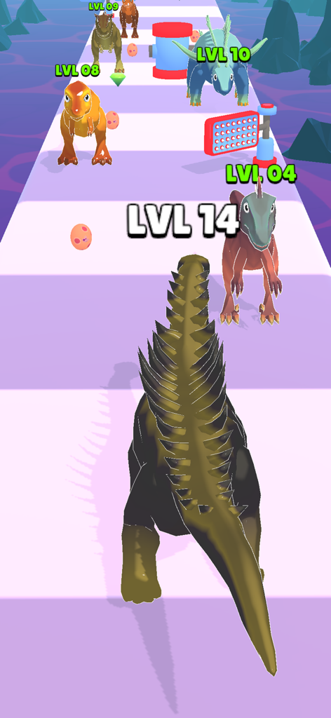 Dino Run: Dinosaur Games - Dino Run進化ゲームで、トラックを走るレベル14の恐竜が、それより低いレベルの他の恐竜を追い越している様子