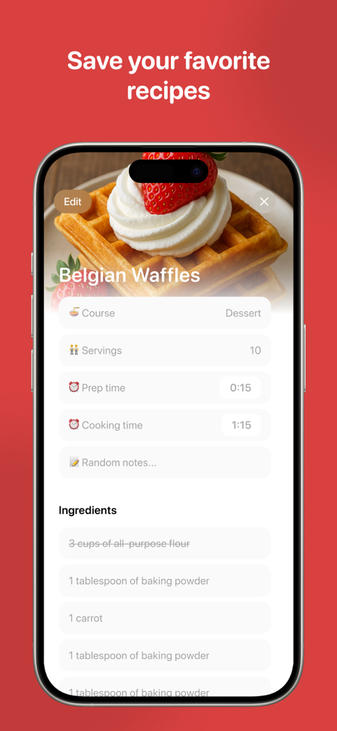 Recipe Saver: Recipes Manager - A detailed Belgian Waffles recipe displayed on the Recipe Saver mobile app interface.