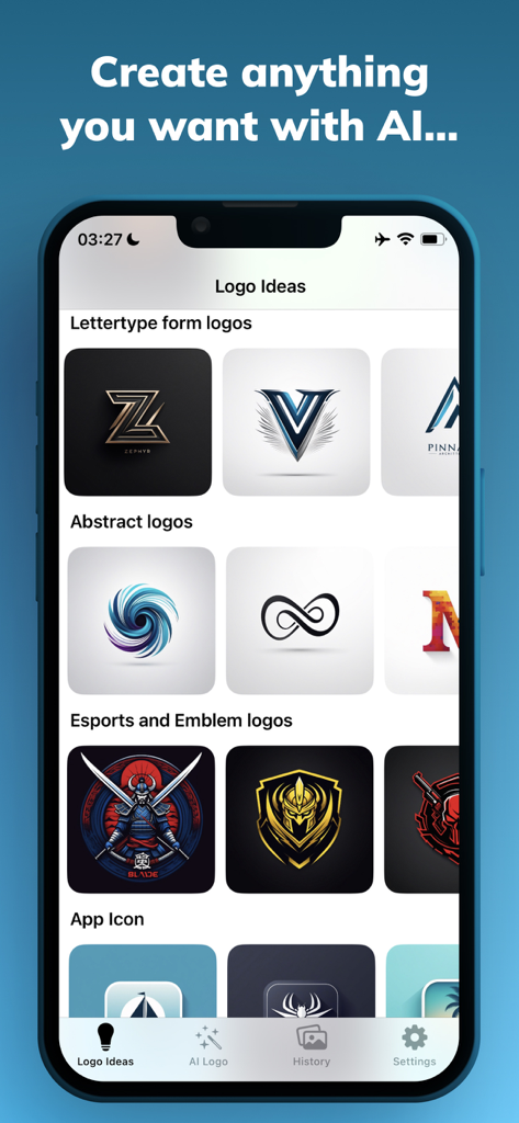 AI Logo Generator - Logo Maker - Pantalla de smartphone mostrando la app AI Logo Generator con varias categorías de logos y ejemplos de diseño.