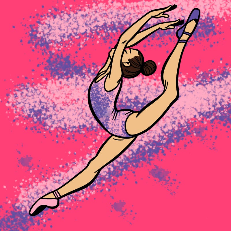gymnast doing a leap in a leotard with a bent back leg