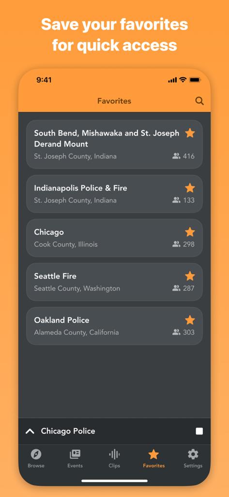 List of favorite police and fire radio scanner feeds in the app interface