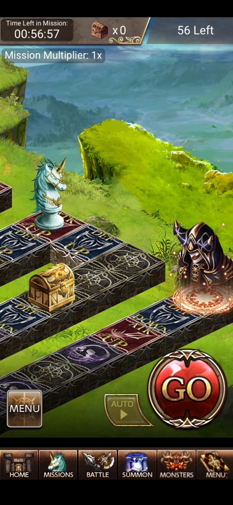 Dark Summoner - Gameplay screen of Dark Summoner showing a character piece on a mission board with stat-buff tiles.