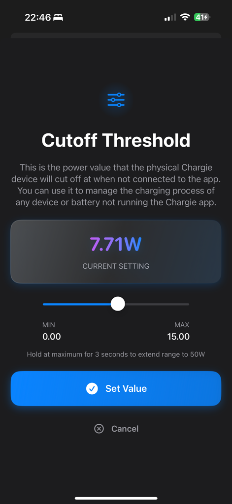 Interface pour définir le seuil de coupure d'alimentation du matériel dans l'application Chargie.