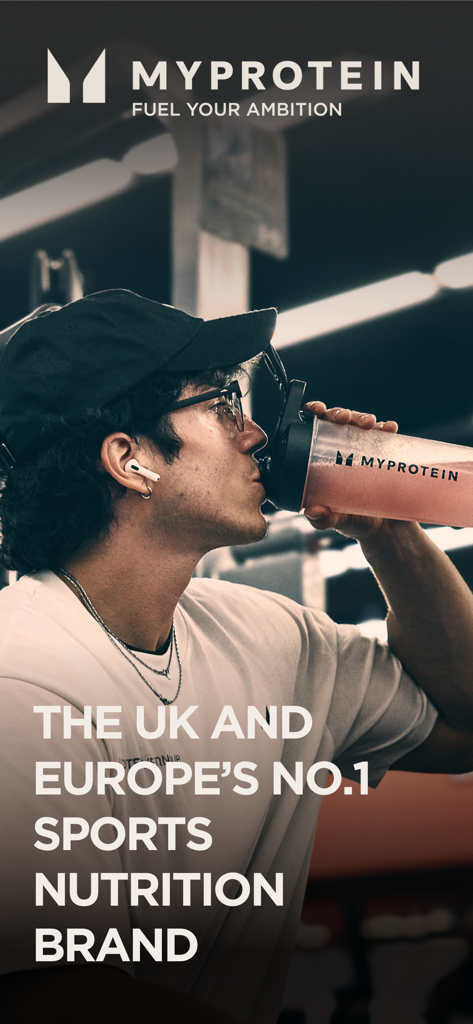 A person in a gym drinking from a Myprotein shaker bottle with branding text stating they are the number one sports nutrition brand in the UK and Europe.