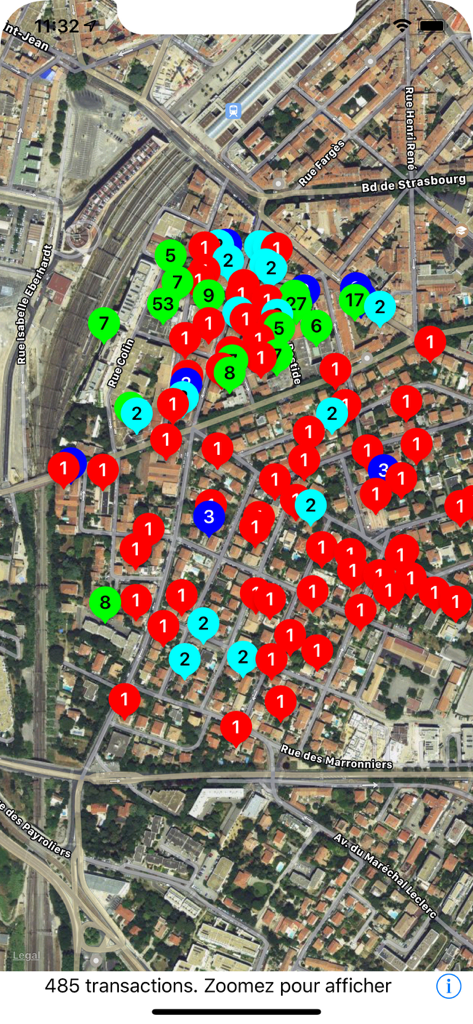 DVF - Satellite map view of French real estate transactions with color-coded pins indicating property sale prices