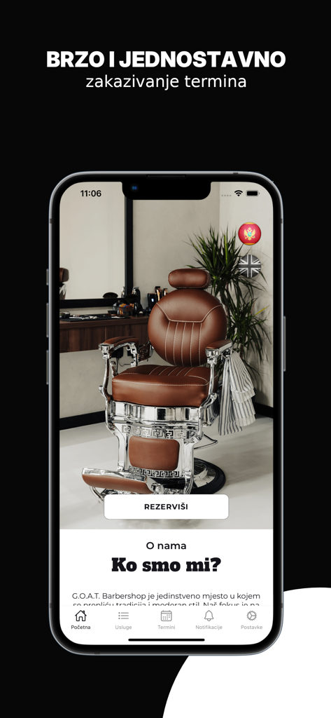 GOAT Barbershop Tivat - La aplicación móvil GOAT Barbershop Tivat mostrando la pantalla de reserva y la silla de barbero