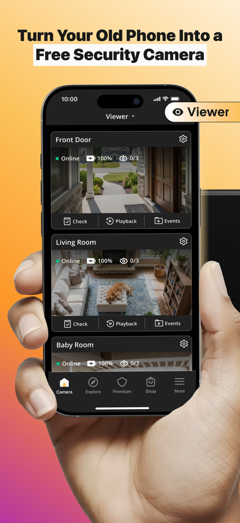 Alfred Home Security Camera - Um smartphone exibindo a interface do aplicativo Alfred Camera com feeds de vídeo ao vivo para monitoramento da porta da frente, sala de estar e quarto do bebê
