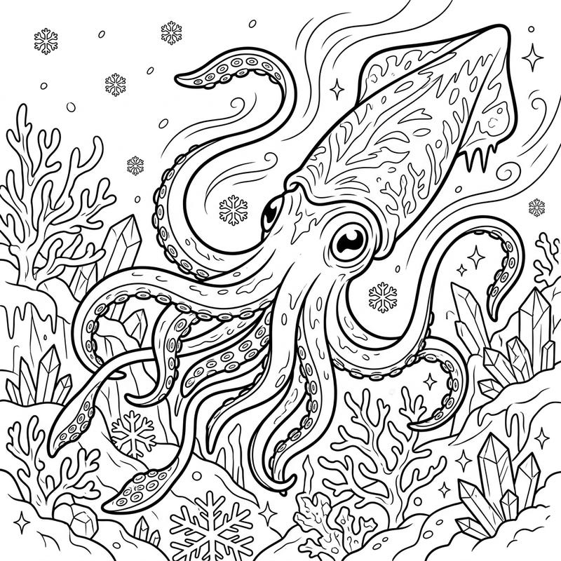 Explore the mysteries of the deep freeze with this captivating colossal squid coloring page. It features the magnificent invertebrate amidst a beautiful winter wonderland scene, ready for your creative touch.