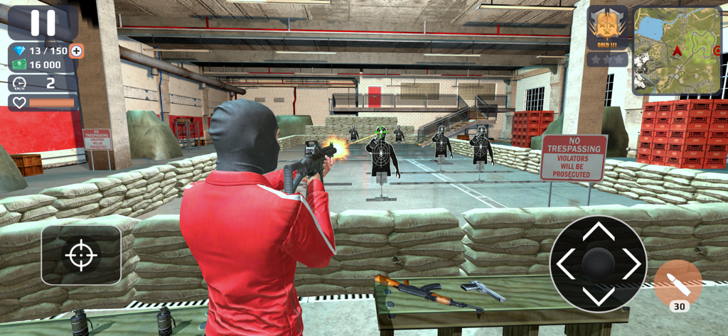 Police vs Gangster Crime City - A gangster character in a red tracksuit aiming an assault rifle at paper targets in an indoor shooting range
