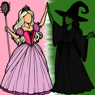 detailed realistic split of a princess and a witch