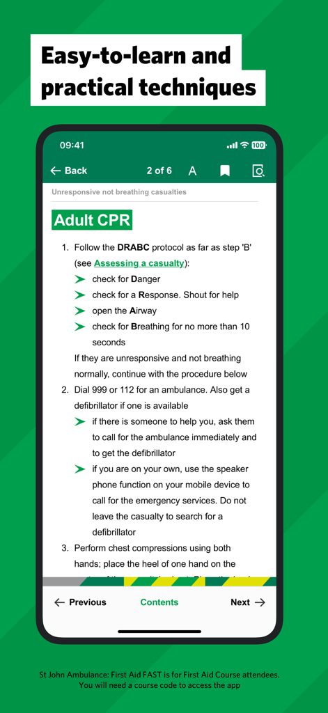 SJA First Aid Fast - Instrucciones de RCP para adultos y protocolo de emergencia en la aplicación SJA Primeros Auxilios Rápido