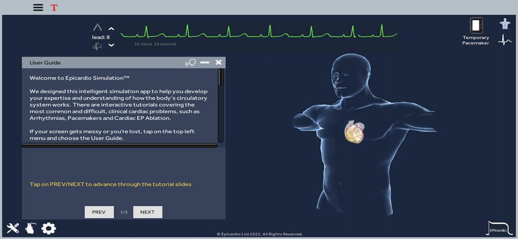 Heart Simulator - Heart Simulator app user guide window overlaying a 3D heart anatomy model and an ECG rhythm