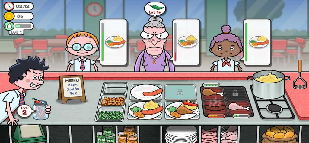 Feed the School! Cooking Chaos - A school cafeteria cooking simulator where a student prepares meals and a chili prank for a teacher.