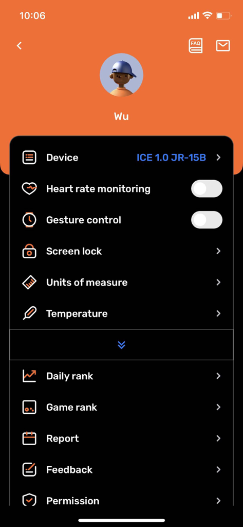 ICE JUNIOR - The settings and profile screen of the ICE JUNIOR app showing device configuration and health monitoring options