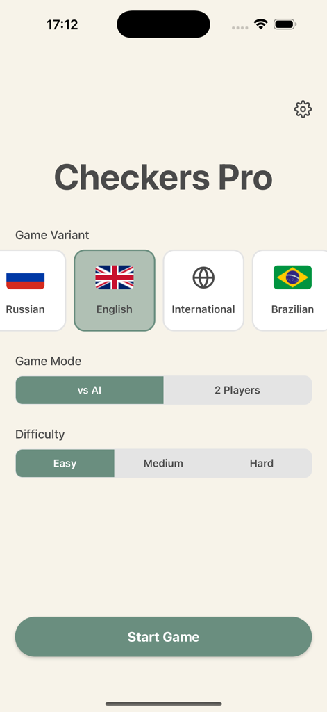 Checkers Pro 7 in 1 - Hauptmenü von Dameprofi, das die Auswahl von Spielvarianten und Schwierigkeitsgraden zeigt