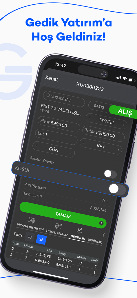 Gedik Trader - Gedik Trader mobile app screen showing a futures trading interface with BIST 30 data and market depth analysis.