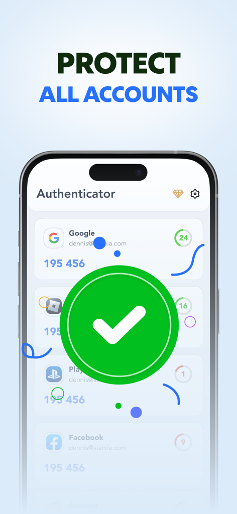 Authenticator App – 2FA & OTP - Una pantalla de teléfono móvil mostrando la App de Autenticación con una gran marca de verificación verde que significa protección de cuenta