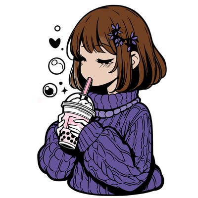 manga girl drinking boba in cozy sweater