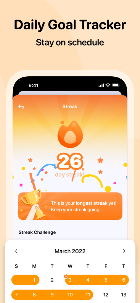 Me+ Lifestyle Routine - L'app Me plus lifestyle routine mostra la celebrazione di una serie di 26 giorni e una vista del calendario mensile nel tracker degli obiettivi giornalieri