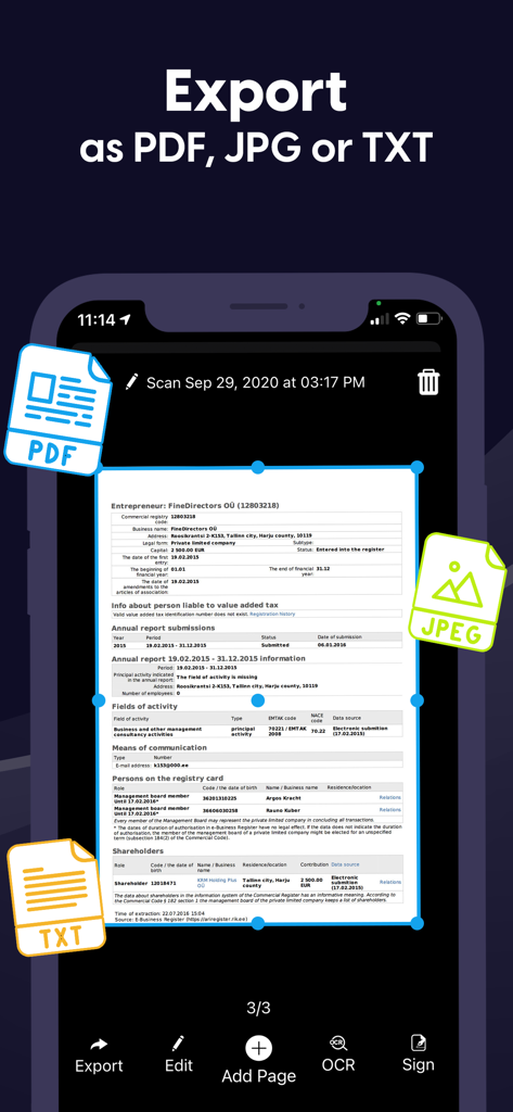 Benutzeroberfläche der Scanner App zum Exportieren von Dokumenten als PDF, JPG und TXT