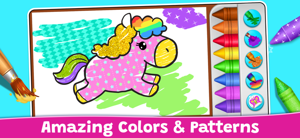 Interface de livro de colorir digital apresentando um pônei rosa com padrões coloridos e um conjunto de lápis de cor