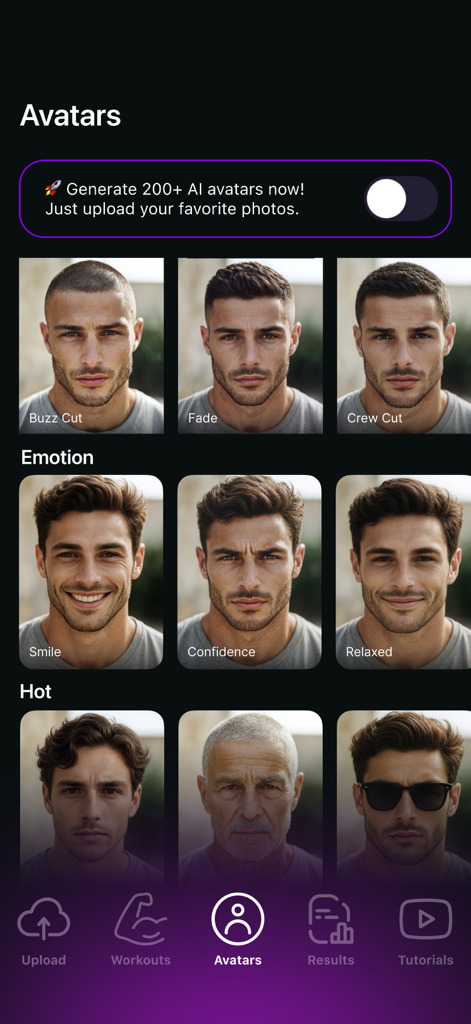 LooksMax Rating AI, Face Rater - Interface de aplicativo móvel exibindo vários avatares masculinos gerados por IA com diferentes penteados e expressões faciais.