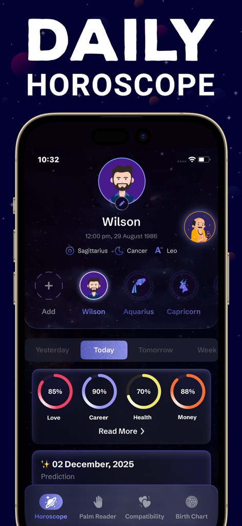 性格の洞察と人生のカテゴリが表示された毎日の星占い画面。